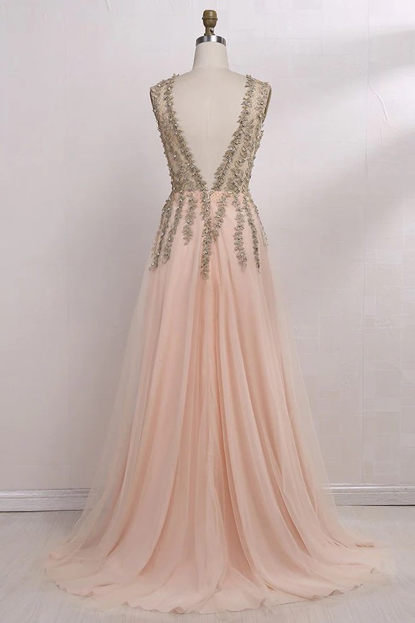 Champagne Abendkleider Lang Günstig V Ausschnitt Tüll Abendmoden Abiballkleider