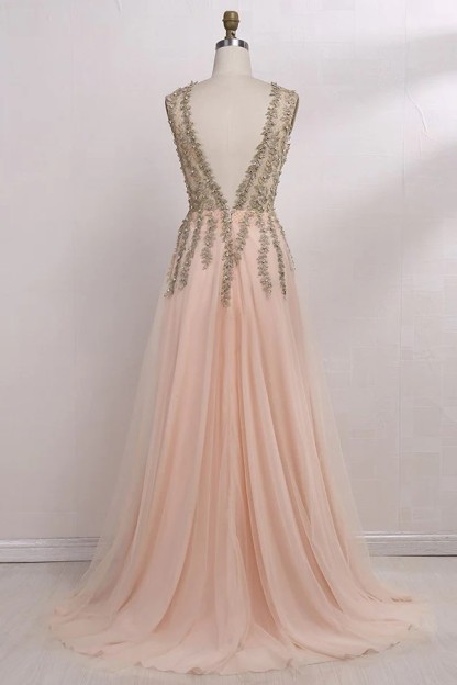 Champagne Abendkleider Lang Günstig V Ausschnitt Tüll Abendmoden Abiballkleider