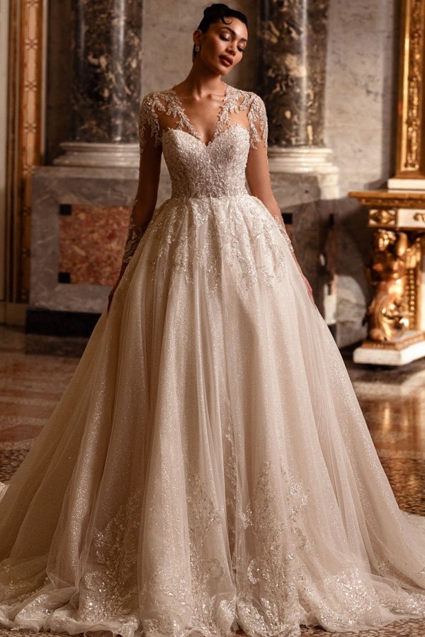 Luxuriös Hochzeitskleider Glitzer A Linie V Ausschnitt Brautkleider Spitze