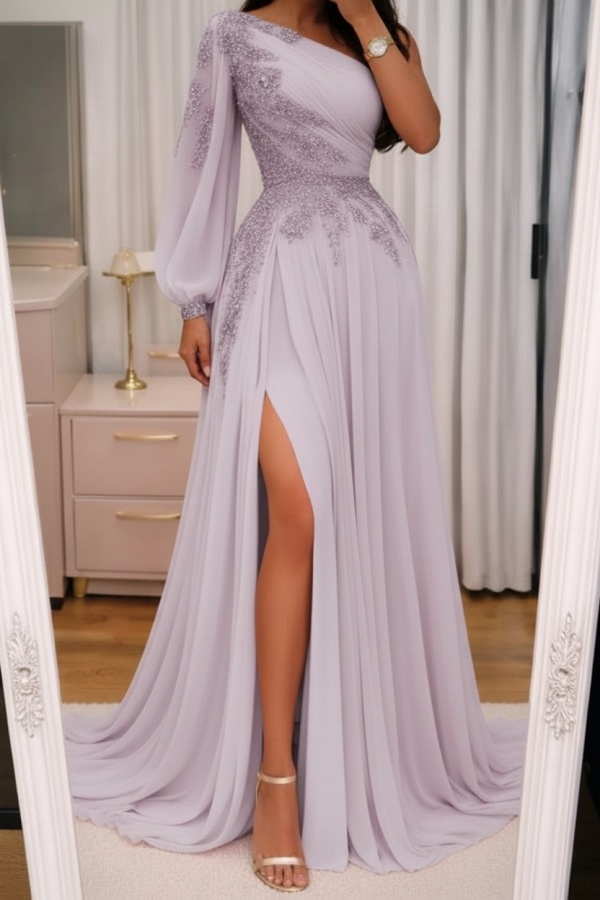 Elegante Abendkleider Lang Rosa Ballkleider Glitzer Mit Ärmel