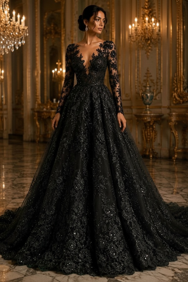 Schwarze Brautkleider A Linie Spitze Hochzeitskleider Lang Ärmel
