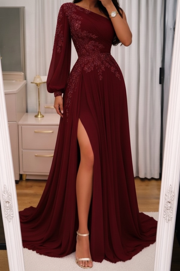 Elegante Abendkleider Lang Rosa Ballkleider Glitzer Mit Ärmel