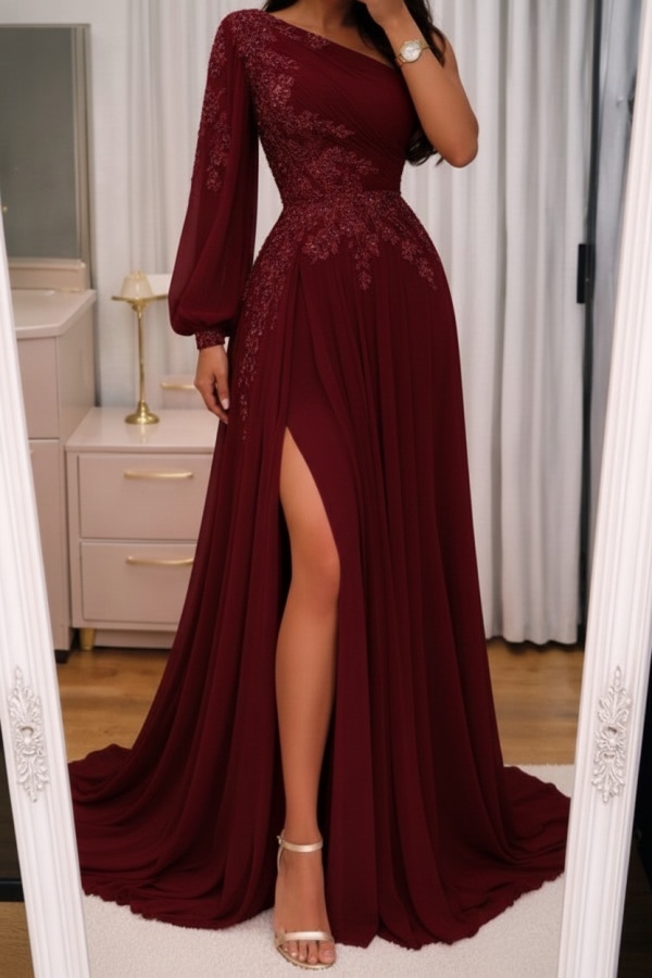 Elegante Abendkleider Lang Rosa Ballkleider Glitzer Mit Ärmel
