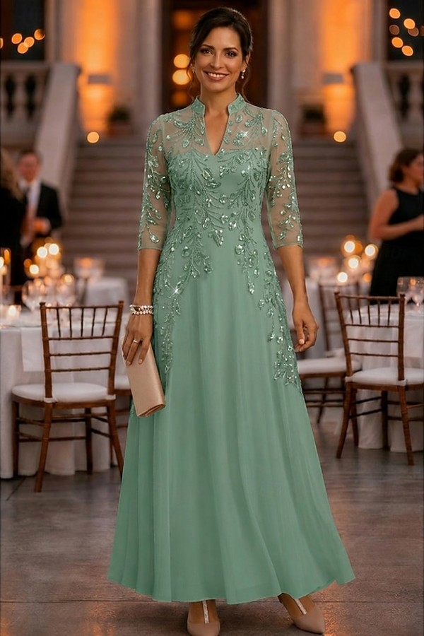 Festliche Kleider Hochzeitsparty Lang Brautmutterkleider Glitzer mit Ärmel