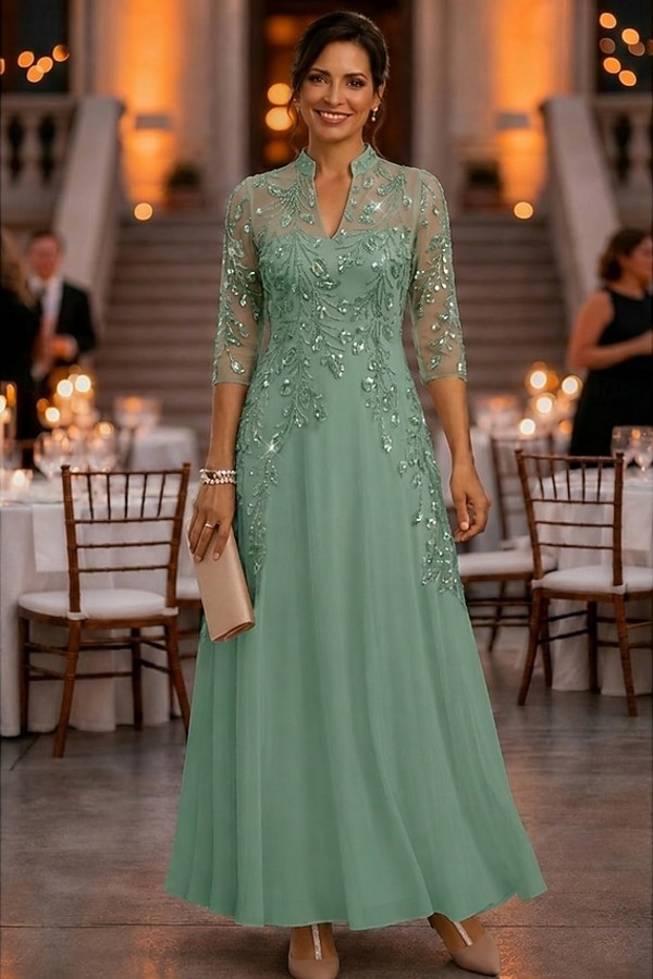 Festliche Kleider Hochzeitsparty Lang Brautmutterkleider Glitzer mit Ärmel