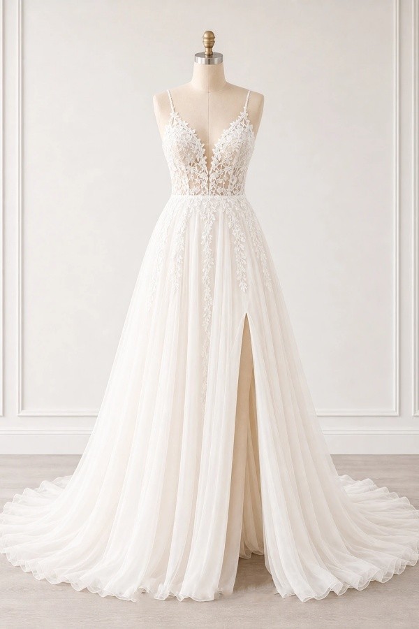 Boho Brautkleider A Linie Schlicht Tüll Hochzeitskleider mit Spitze