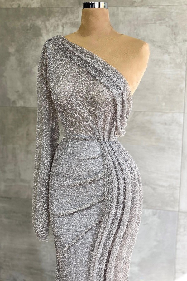 Silber Abendkleider Lang Schlicht Ballkleider mit Ärmel