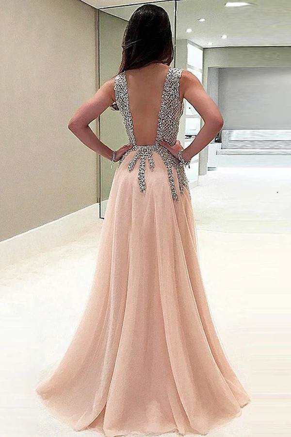 Champagne Abendkleider Lang Günstig V Ausschnitt Tüll Abendmoden Abiballkleider