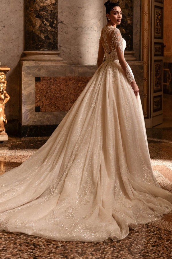 Luxuriös Hochzeitskleider Glitzer A Linie V Ausschnitt Brautkleider Spitze