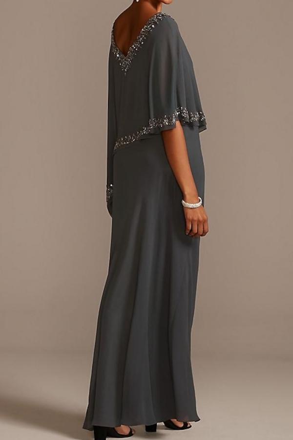 Grau Brautmutterkleider Lang Chiffon | Kleider für Brautmutter mit Stola