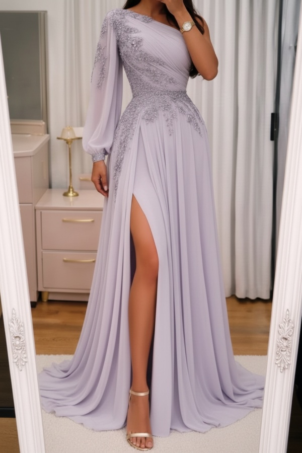 Elegante Abendkleider Lang Rosa Ballkleider Glitzer Mit Ärmel