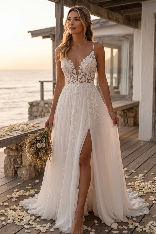 Boho Brautkleider A Linie Schlicht Tüll Hochzeitskleider mit Spitze