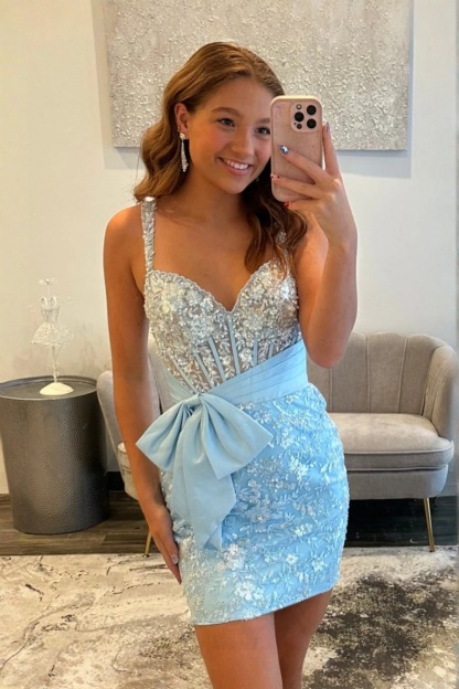 Himmel Blau Cocktailkleider Kurz Glitzer Partykleider Abiballkleider Spitze-babyonlinedressde