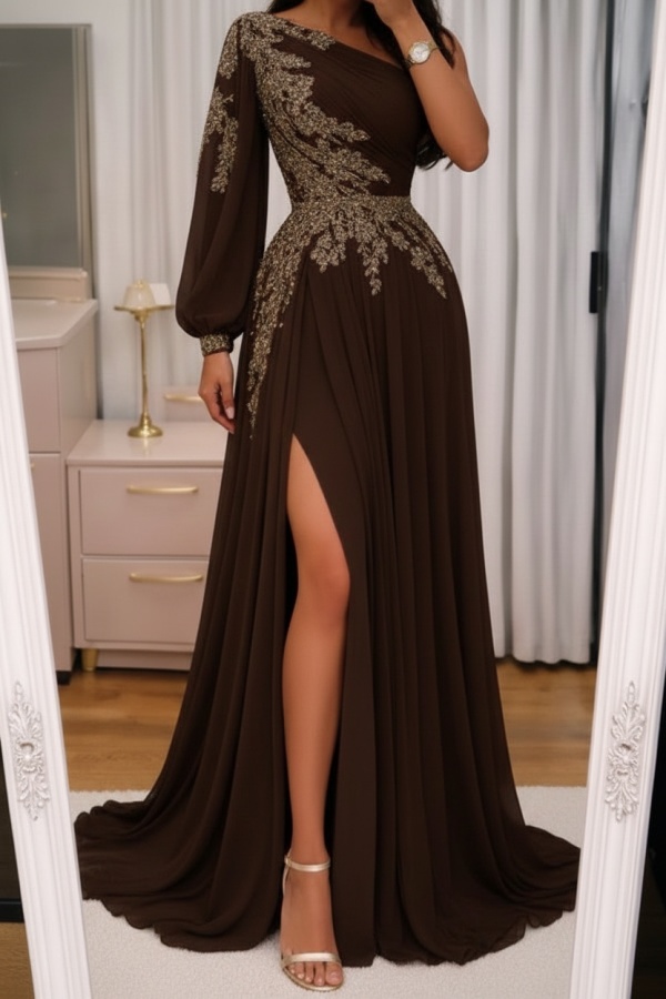 Elegante Abendkleider Lang Rosa Ballkleider Glitzer Mit Ärmel