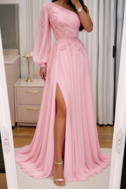 Elegante Abendkleider Lang Rosa Ballkleider Glitzer Mit Ärmel