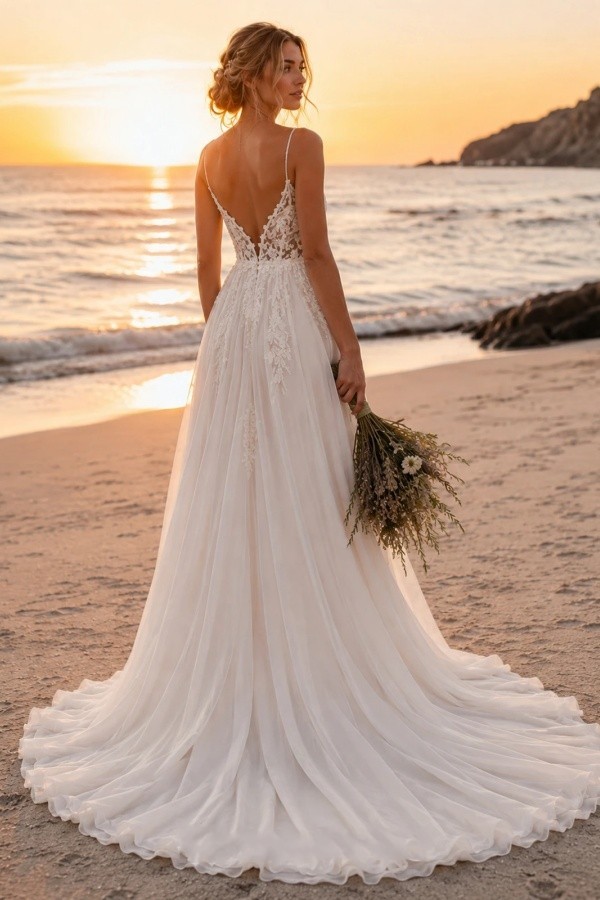 Boho Brautkleider A Linie Schlicht Tüll Hochzeitskleider mit Spitze