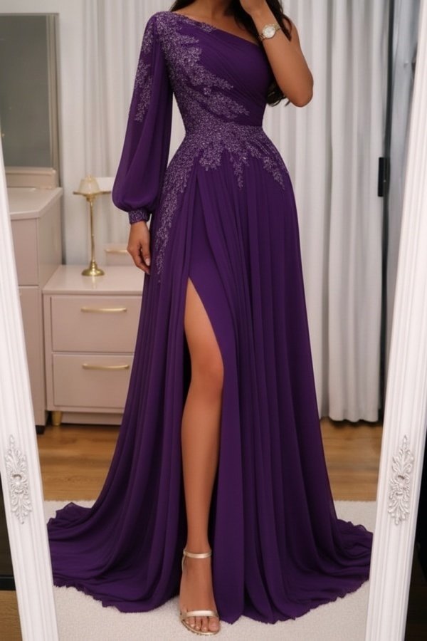 Elegante Abendkleider Lang Rosa Ballkleider Glitzer Mit Ärmel