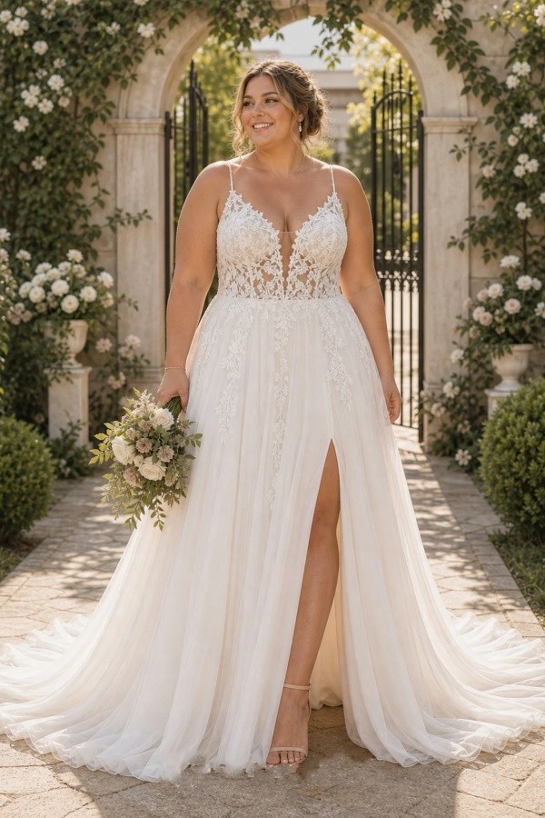 Boho Brautkleider A Linie Schlicht Tüll Hochzeitskleider mit Spitze