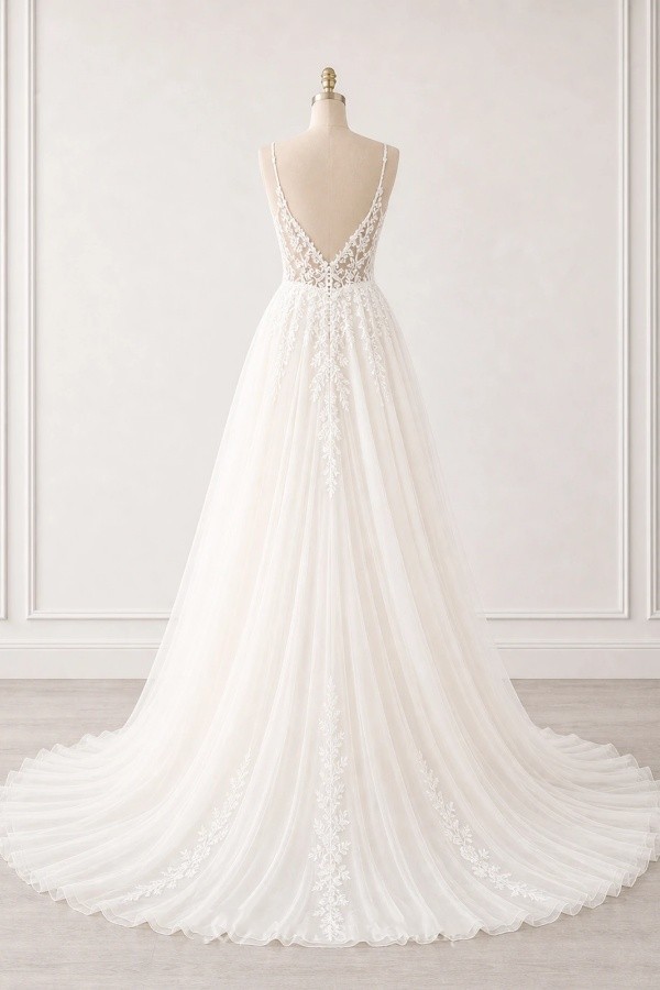 Boho Brautkleider A Linie Schlicht Tüll Hochzeitskleider mit Spitze