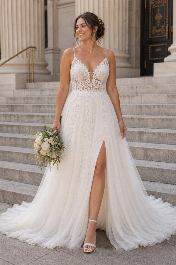 Boho Brautkleider A Linie Schlicht Tüll Hochzeitskleider mit Spitze