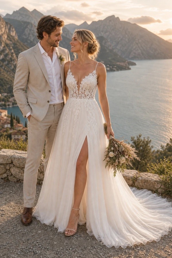 Boho Brautkleider A Linie Schlicht Tüll Hochzeitskleider mit Spitze