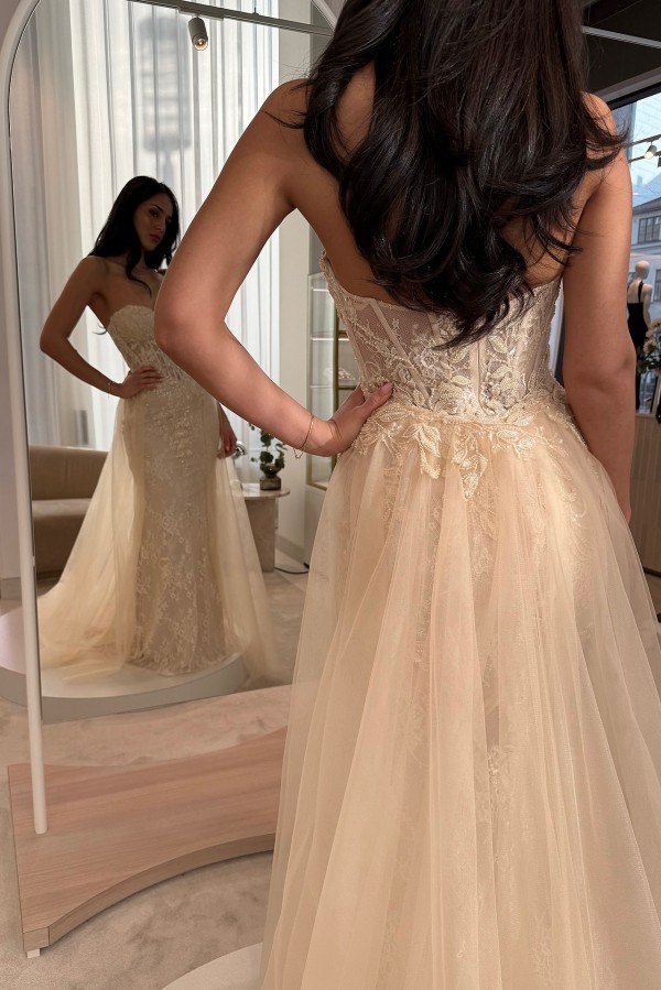 Champagner Abendkleid Lang Spitze Ballkleid Abendmoden Glitzer