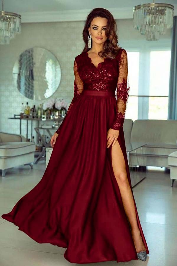 Abendkleid Lang Rot | Abiballkleider mit Ärmel