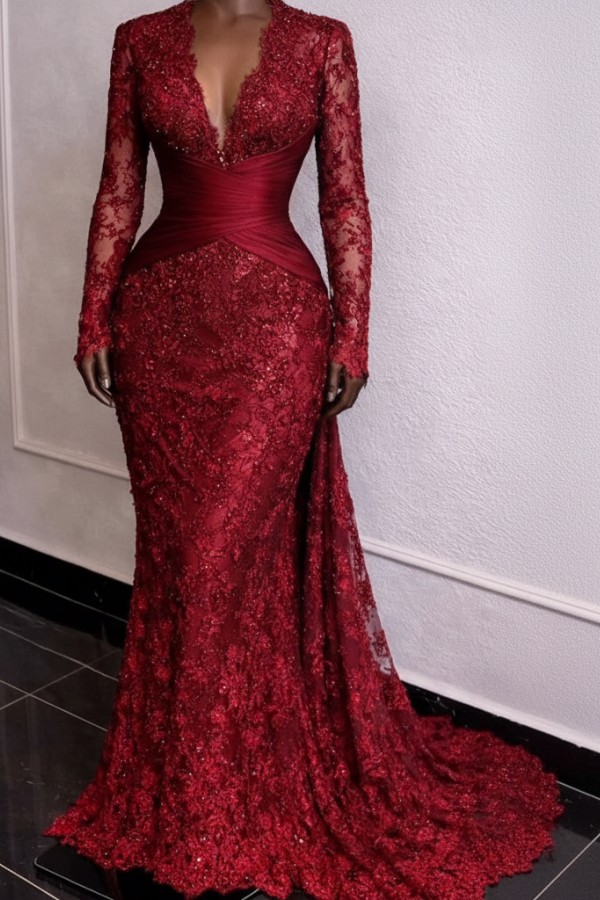 Designer Ballkleider Lang Weinrot Spitze Abendkleider mit Ärmel