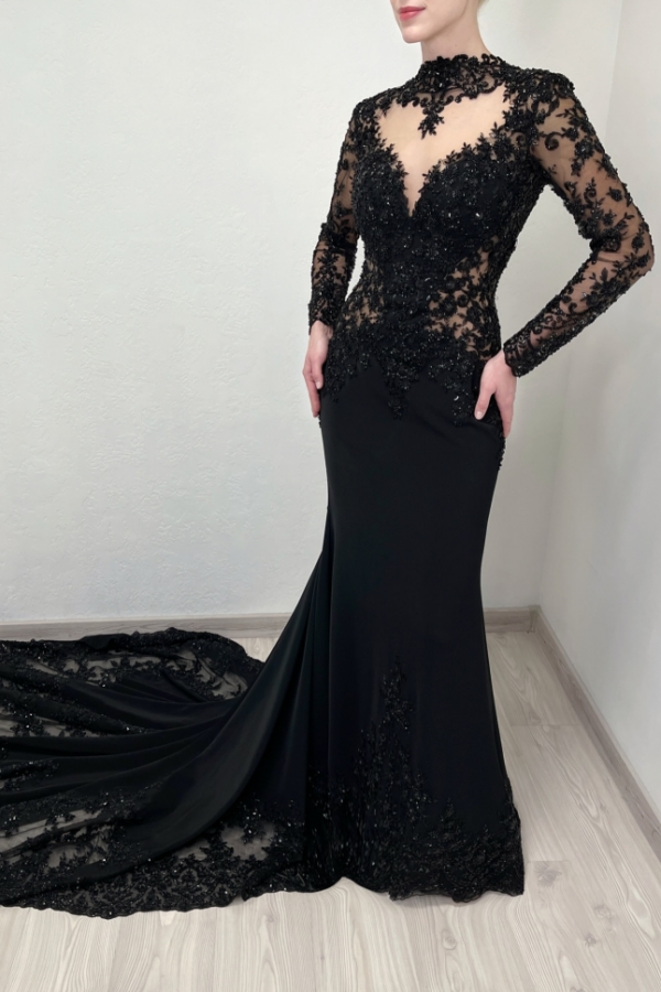 Gothic Hochzeitskleider Schwarz Meerjungfrau Stil Spitze Brautkleider Mit Ärmel