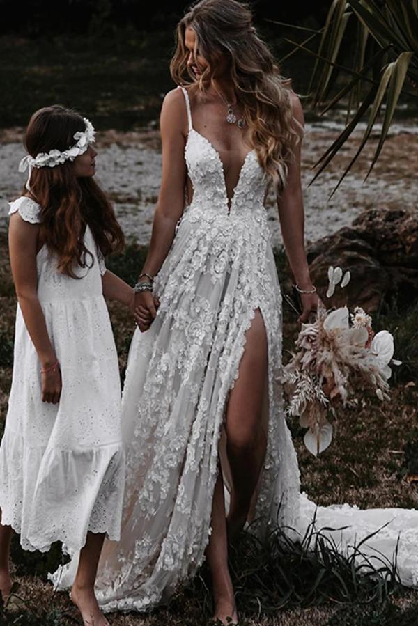 Wunderschöne Boho Brautkleider Spitze Strand Hochzeitskleid A Linie