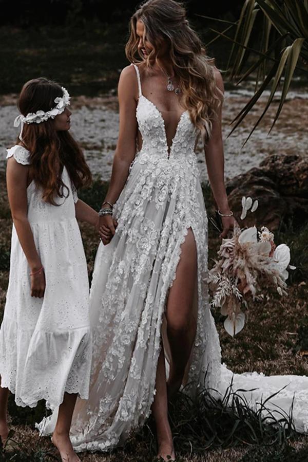 Wunderschöne Boho Brautkleider Spitze Strand Hochzeitskleid A Linie