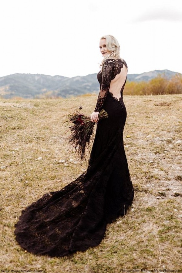Schwarze Brautkleider Mit Ärmel | Meerjungfrau Hochzeitskleid Spitze