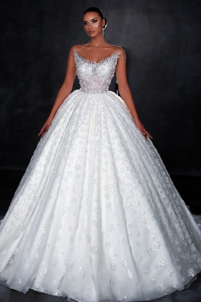 Prinzessin Hochzeitskleider Glitzer Brautkleider Weiß Spitze