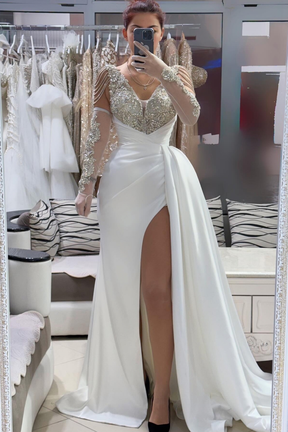 Weiße Ballkleider Lang Glitzer Abiballkleider Abendkleid mit Ärmel