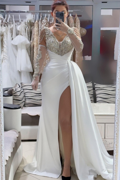 Weiße Ballkleider Lang Glitzer Abiballkleider Abendkleid mit Ärmel