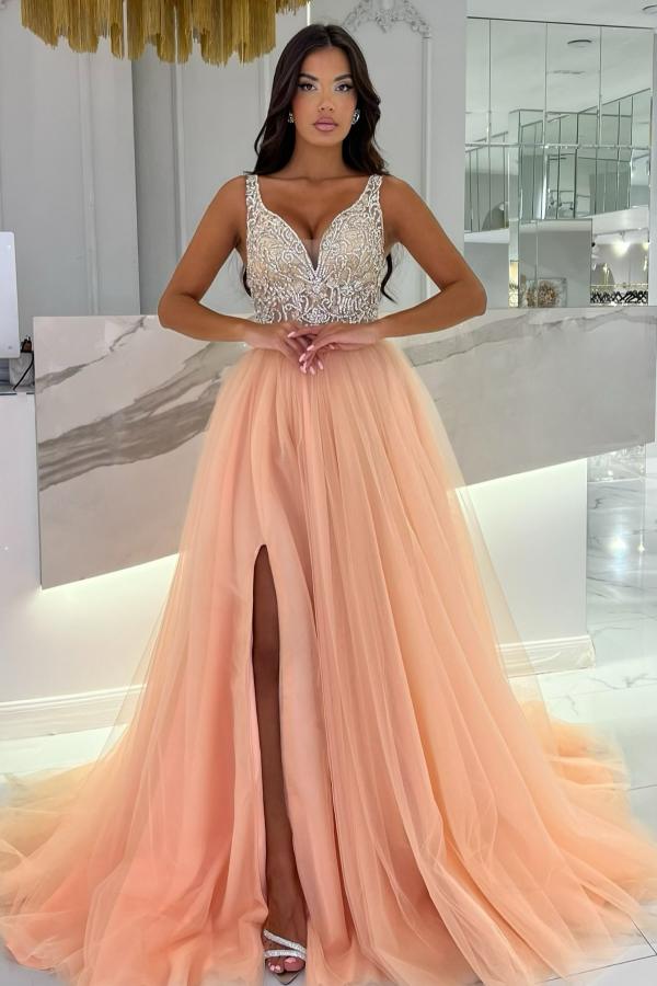 Peach Abendkleid Lang V Ausschnitt Ballkleider mit Glitzer-babyonlinedressde