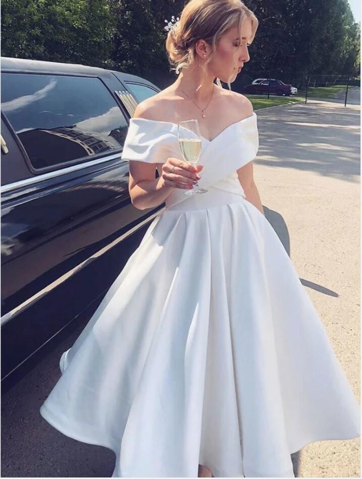 Schlichtes Brautkleid A Linie | Satin Hochzeitskelider Kurz