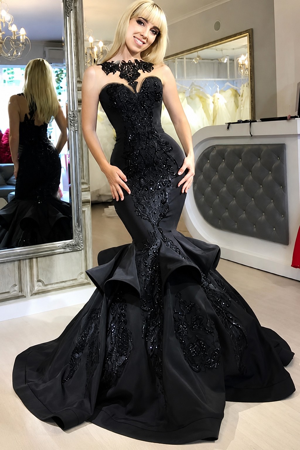 Elegante Abendkleider Lang Schwarz Meerjungfrau Abiballkleider Mit Spitze Günstig