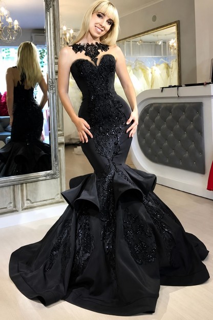 Elegante Abendkleider Lang Schwarz Meerjungfrau Abiballkleider Mit Spitze Günstig