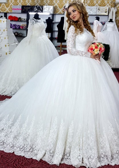 Designer Weiß Brautkleider Lang Ärmel Mit Spitze Prinzessin Tüll Brautmoden Hochzeitskleider