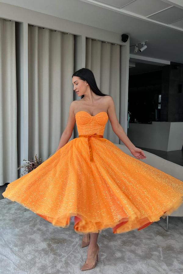 Orange Cocktailkleider Partykleider Schlicht Abiballkleider Kurz Glitzer-babyonlinedressde