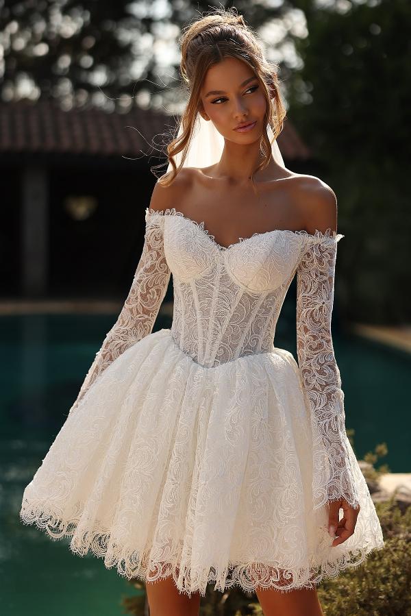 Designer Brautkleider A Linie Spitze Kurze Hochzeitskleider mit Ärmel