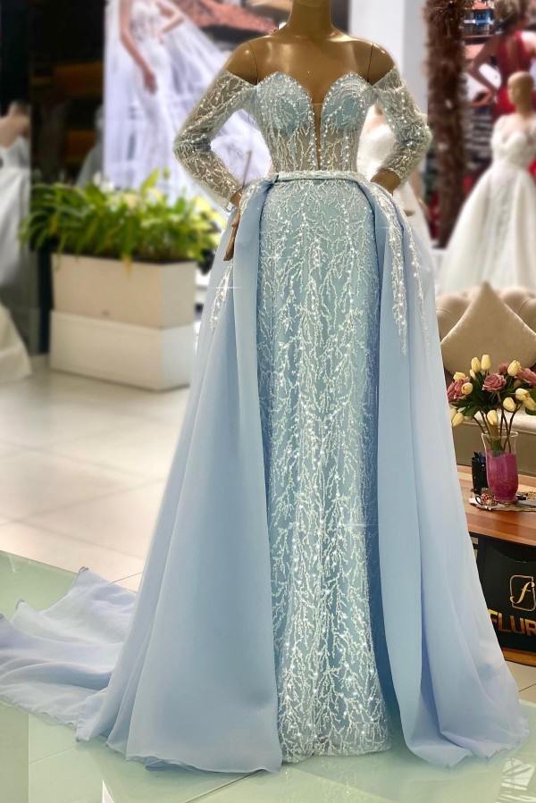 Himmel Blaue Abendkleider Spitze Glitzer Ballkleider mit Ärmel