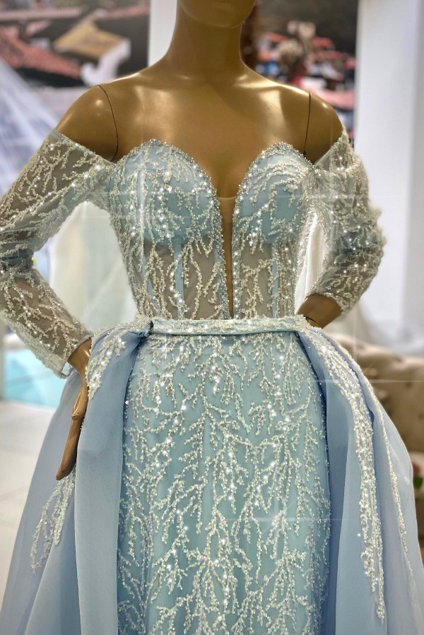 Himmel Blaue Abendkleider Spitze Glitzer Ballkleider mit Ärmel