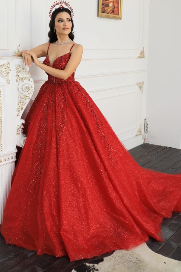 Designer Brautkleider Rot Prinzessin Hochzeitskleider Glitzer