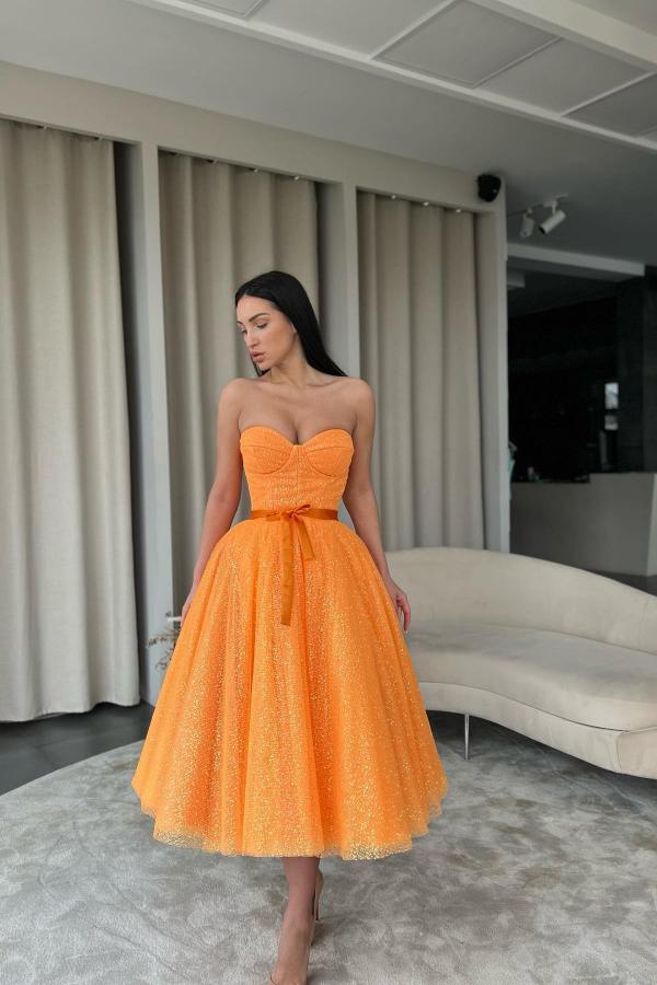 Orange Cocktailkleider Partykleider Schlicht Abiballkleider Kurz Glitzer