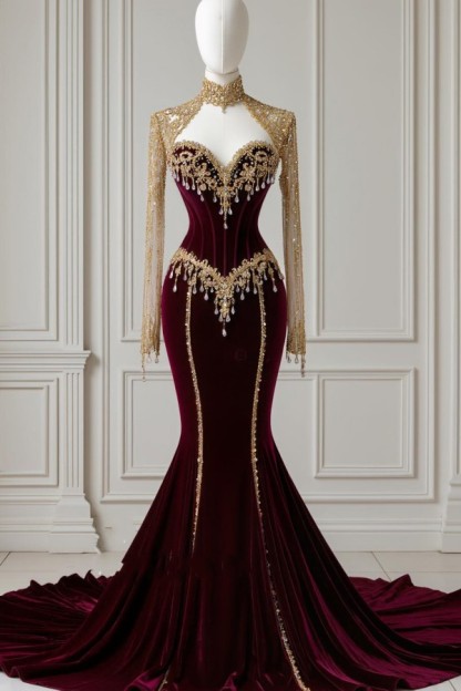 Weinrote Weihnachten Abendkleider Lang Velvet Ballkleider mit Glitzer