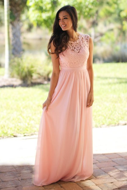 Günstig Brautjungfernkleider Lang Pink Mit Spitze Chiffon Kleider Für Brautjungfern
