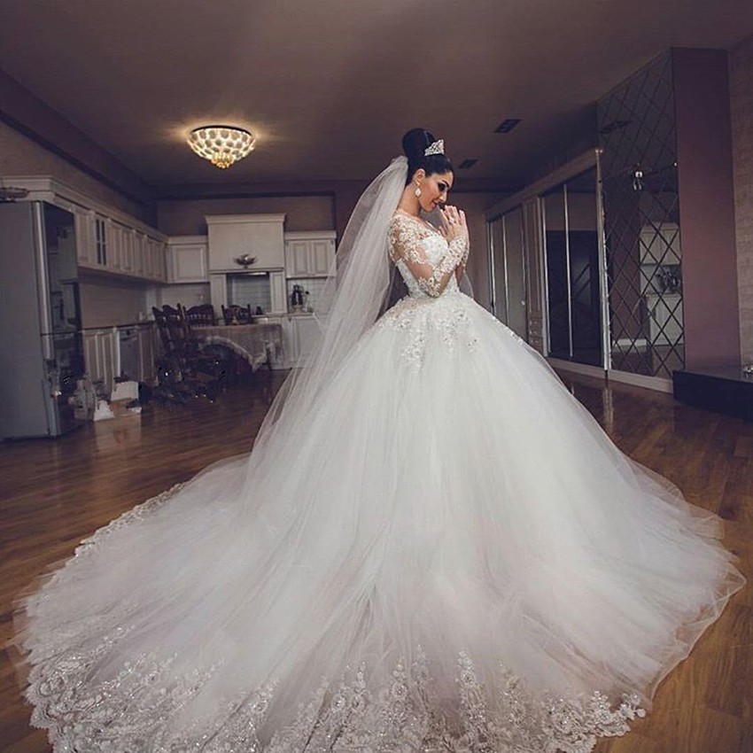 Duchesse-Linie Weiße Brautkleider Spitze Lange Ärmel Tüll Hochzeitskleider Brautmoden
