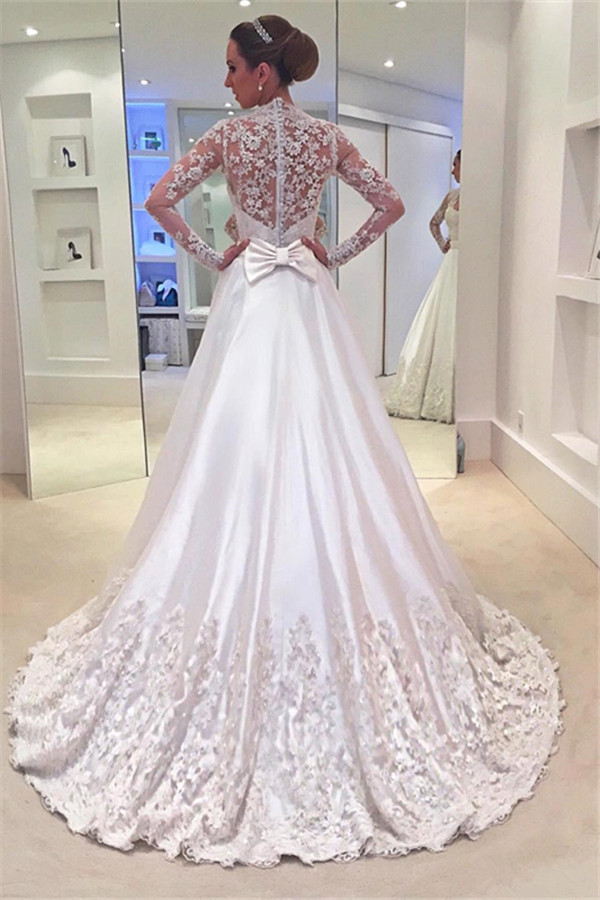 Brautkleider Lang Ärmel V Ausschnitt Weiß Brautmoden Mit Spitze Hochzeitskleider